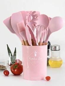12pcs Silicone Cooking Utensil Set, Simple Wooden Handle Multi-Purpose Kitchen Gadget Tool Set For Kitchen - Baby Pink - View 11