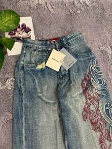 Y2K Embroidered Baggy Jeans Women Rock Hip Hop Retro Popular Casual High Waist Wide Leg Pants Streetwear New Fashion Big Pattern - 黑色 - 查看 2