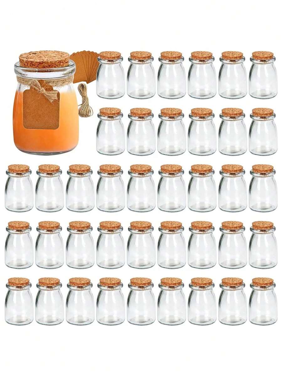 5set Botellas de vidrio pequeñas con tapones de corcho, recipientes de vidrio de 100ml con etiquetas y cordel para almacenamiento de caramelos, frascos de postres DIY, almacenamiento de yogur y miel, adecuados para recuerdos de boda, bebidas y postres de centro de mesa en mesas de fiesta, frascos de almacenamiento de cereales