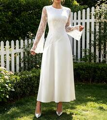 White Lace Patchwork Long Sleeve Cocktail Dress - White - View 1