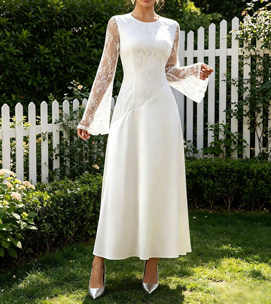 White Lace Patchwork Long Sleeve Cocktail Dress - White - View 1