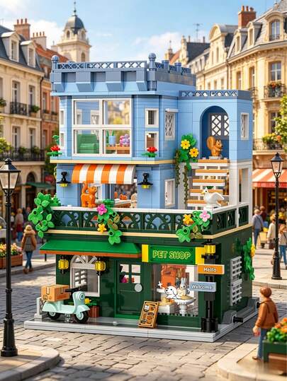 14+ Pet Shop Building Set, A Modular City Streetscape Building Model Kit Suitable For Teens And Adults. It Features Detailed Design And Is A DIY Assembly Toy. It Includes Adorable Cat, Squirrel And Pet Themed Elements. It Has A Multi-Layered Design With 3 Floors.