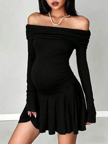 Umstandskleid, Off-Shoulder Langarm Umstandskleid, modisch-casual vielseitig, minimalistischer Herbst/Winter Stil, geeignet für Halloween, Lehrertag, Neujahr, täglichen Outdoor & Indoor Lässig, bequemer, dehnbarer, weicher Stoff Schwarz - Schwarz - Übersicht 2
