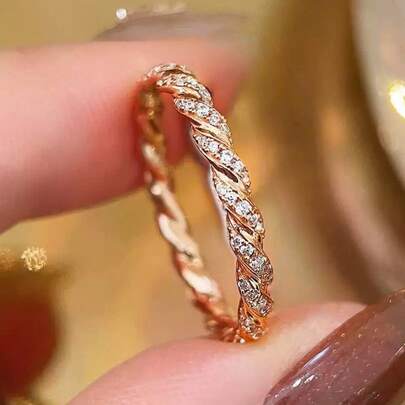Rose Gold Plated Twisted Rope Ring With Cubic Zirconia Stones, Mobius Loop Stackable Rings For Women