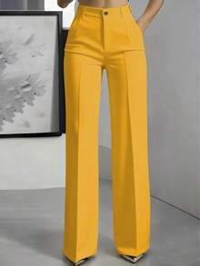 Pantalones rectos de unicolor versátiles y de moda, color blanco, para primavera - Amarillo - Ver 5