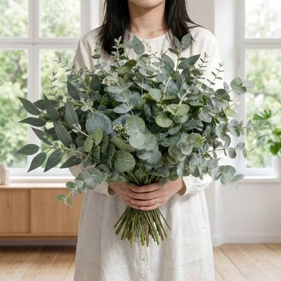 23束混合装精美人造尤加利叶绿植花束，适用于家居装饰、婚礼布置、客厅花艺摆设、办公桌美化及摄影背景。