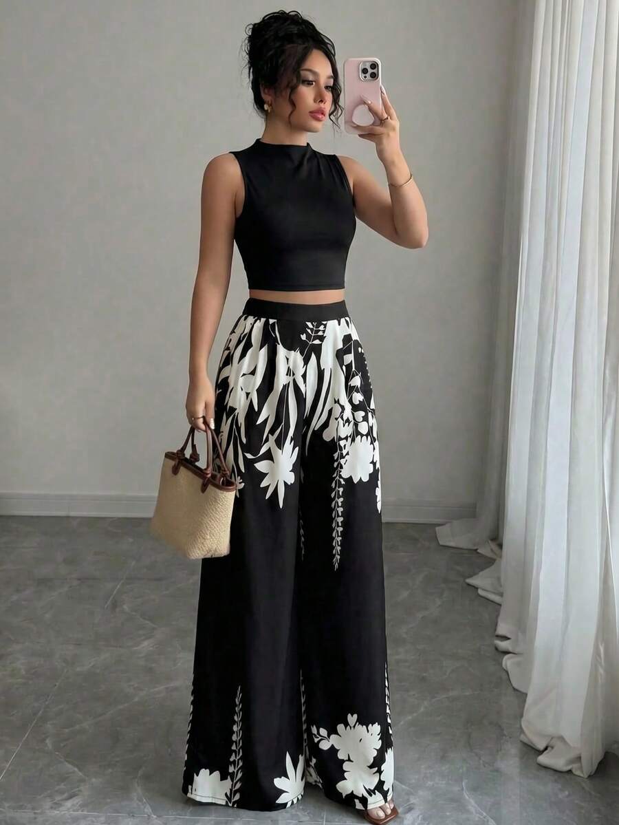 Bộ đồ nữ mới với áo và quần ống rộng cạp cao phối màu tương phản, kiểu dáng thanh lịch, phù hợp cho kỳ nghỉ xuân, hè và thu. - màu đen - Xem 1