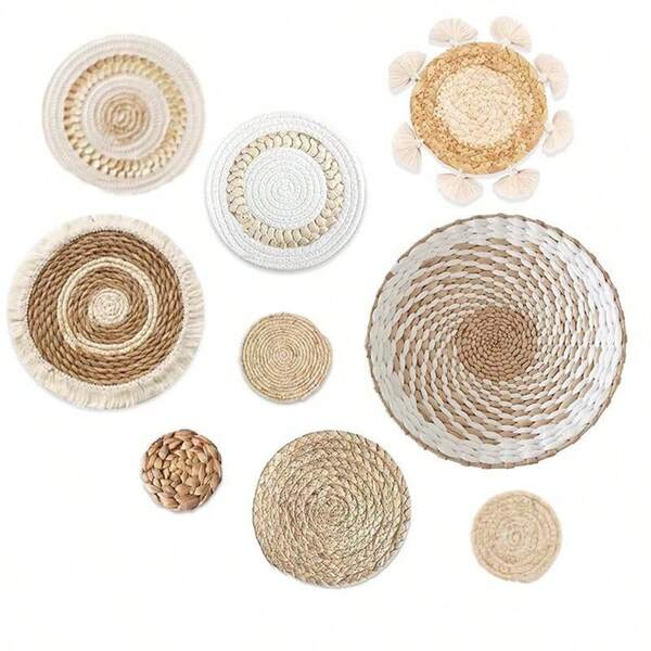 9pcs Bohemian Style Wall Baskets Set, Hanging Woven Wall Baskets Decor, Seagrass Rattan Boho Style Wall Art, Round Wall Decor, Suitable For Farmhouse Bedroom Living Room Display Shelves Kitchen Home