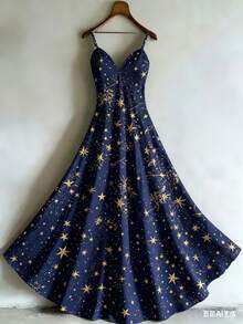 Plus Size Women's V-Neck Sleeveless Strap Maxi Dress, Dreamy Celestial Knit With All-Over Gold Star Print, Magical Night Style, Women's Summer Evening & Party Wear, Great For Night Out & Special Occasion Gifts, Navy Blue Base With Gold Star Motifs, Large Size Spaghetti Strap Gown - 彩色 - 查看 1