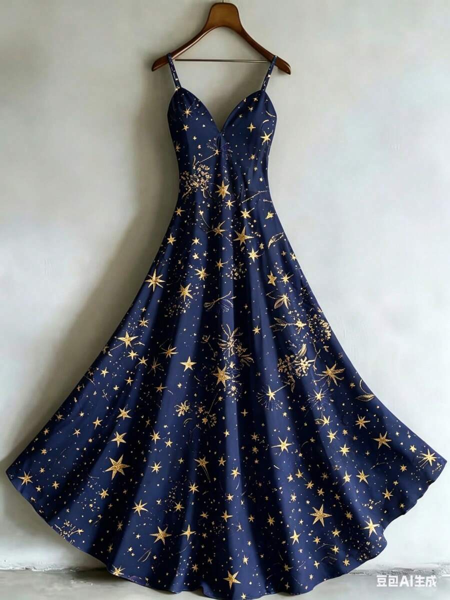 Plus Size Women's V-Neck Sleeveless Strap Maxi Dress, Dreamy Celestial Knit With All-Over Gold Star Print, Magical Night Style, Women's Summer Evening & Party Wear, Great For Night Out & Special Occasion Gifts, Navy Blue Base With Gold Star Motifs, Large Size Spaghetti Strap Gown - 彩色 - 查看 1