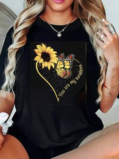 1pc blusas de mujer blusas bonitas para mujeres blusas ropa de mujer Girasol Mariposa 180g camiseta negra y blanca, estampado de girasol y mariposa, de alta calidad estampado, cuello redondo, corte básico holgado, hombres y mujeres, transpirable, versátil