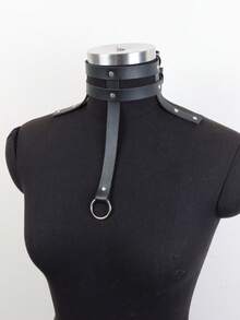 1PC Double Strap O-Ring Faux Leather Choker, Punk Style Layered Neck Collar, Fashion Statement Neck Accessory For Women - Black - View 3