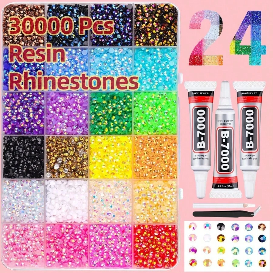 24色30000颗树脂水钻及工具套装，适用于手工制作。3/4/5毫米多色平底水钻，无需加热，适用于DIY手工艺品、服装、杯子、鞋子、织物装饰和艺术项目。
