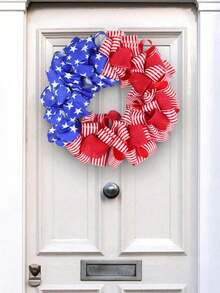 1 pieza, Guirnalda de puerta de 35 cm para decoración del Día de la Independencia con cintas rojas y azules, bandera de estrella de cinco puntas, diseño de parches de cinta, para decoración del hogar, fondo de ventana/puerta, exterior, jardín, colgar en la puerta principal, accesorios de ambiente, recuerdo festivo - corona de cintas con la bandera estadounidense - Ver 5