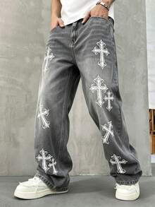 Quần jeans nam HEHCN in họa tiết chéo, túi ngực, dáng rộng, phong cách retro Y2K, màu xanh dương, ống rộng, chất liệu denim. - Xám - Xem 1