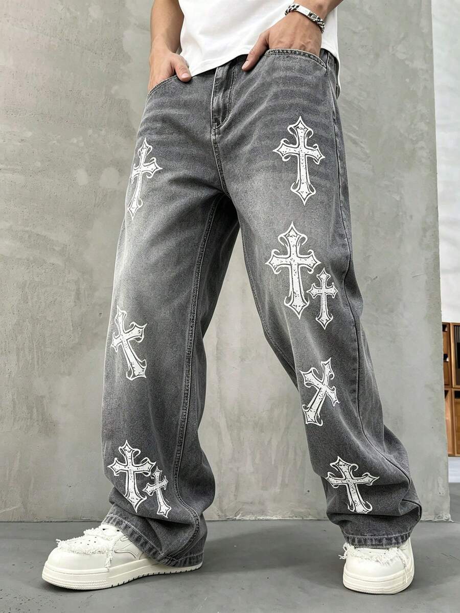 Quần jeans nam HEHCN in họa tiết chéo, túi ngực, dáng rộng, phong cách retro Y2K, màu xanh dương, ống rộng, chất liệu denim. - Xám - Xem 1