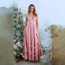 Vestido largo de verano elegante con estampado floral ajustado y tirantes finos para vacaciones de moda femenina - Rosa2 - Ver 2