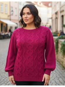 Plus Size Winter Puff Sleeve Knitted Blouse - Size G2 (EXL) - Pink Dahlia - View 1