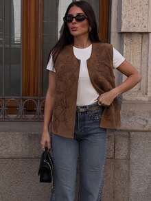 Chaleco de mujer de cuello redondo vintage bordado de ante, para primavera y verano - Marrón - Ver 4