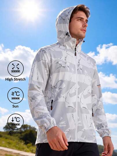 Men's Lightweight Casual Outdoor Sports Hooded Jacket With Fashionable Prints, Versatile For Summer