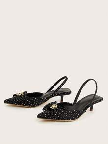 Women's Metal Buckle Bow Decor Kitten Heel Pointed Toe Polka Dot Sweet Slip-On Sandals, Fashionable Elegant Party And Formal Low Heel Shoes (Random Cut) - Black - View 2