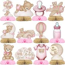 12 st nallebjörnsdekorationer med honungskaka i babyshowerstil, We Can Bearly Wait-bordsdekorationer för könsavslöjande festdekorationer - Honungskakaprydnad - Visa 15
