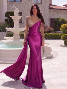 Faeriesty 女士优雅圆领晚礼服，饰以透视网纱拼接，飘逸鱼尾裙摆，修身剪裁，及地长款正式礼服，适合盛大晚宴、正式晚宴、婚礼、红毯活动及春季派对等场合。 - 玫紅色 - 查看 1