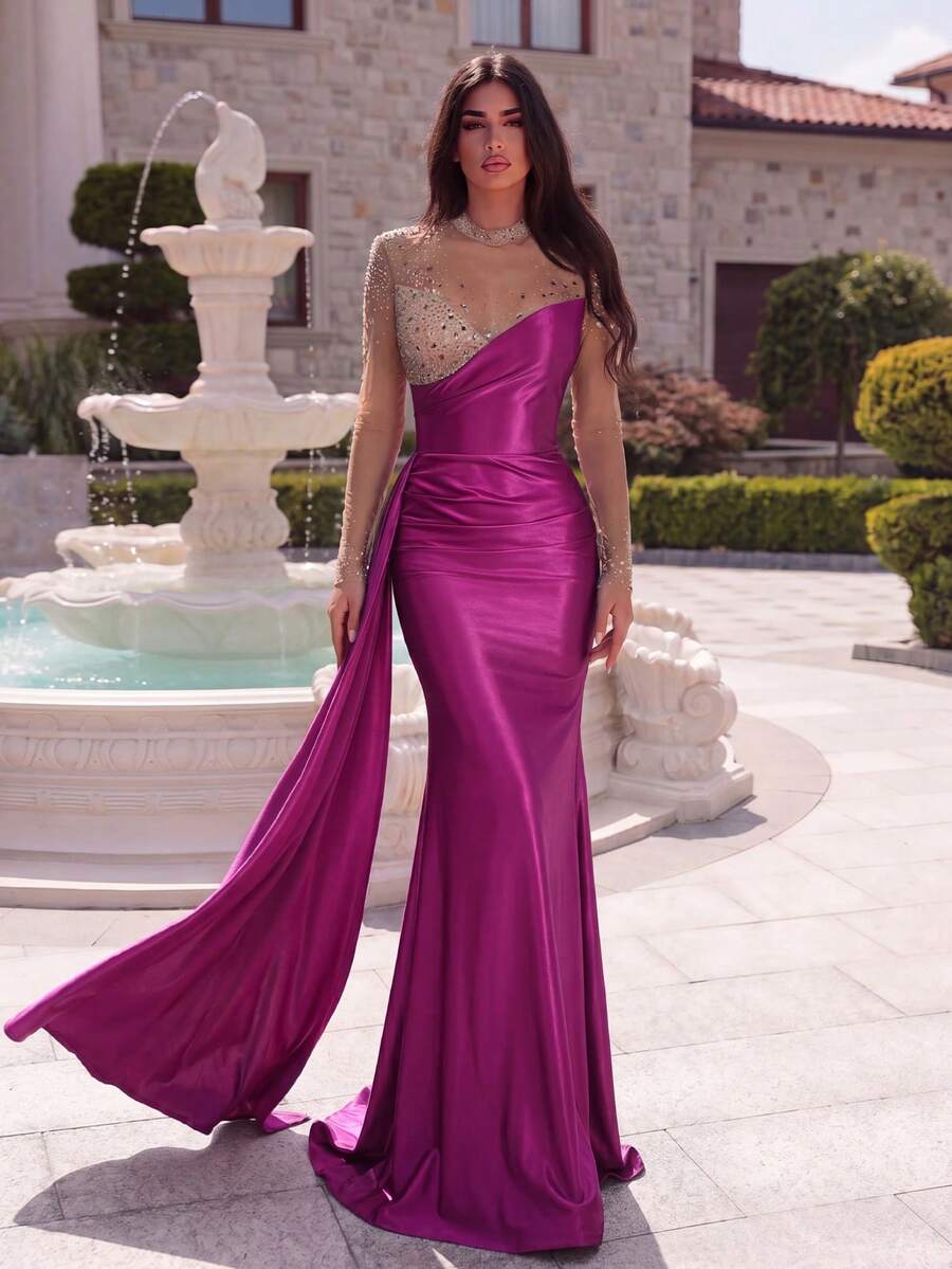 Faeriesty 女士优雅圆领晚礼服，饰以透视网纱拼接，飘逸鱼尾裙摆，修身剪裁，及地长款正式礼服，适合盛大晚宴、正式晚宴、婚礼、红毯活动及春季派对等场合。 - 玫紅色 - 查看 1