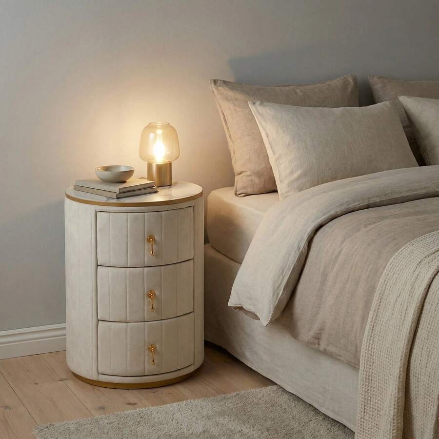 3-Drawer Bedside Table, Upholstered In Velvet (With Marble Top And Gold Hardware) For Bedroom / Living Room, Pink / White. - White - View 1