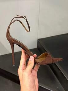 European And American Pointed Toe High Heels, Thin Heel, Rhinestone Embellished Gold Open Toe Sexy Elegant Lady Dress Sandals For Women,Stilettos Heels,Summer Shoes - Brown - View 4