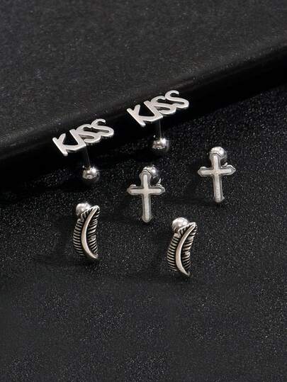 Unisex Punk Gothic Style Pierced Earrings Set, Vintage Cross Feather KISS Letter 316L Stainless Steel Cartilage Helix Studs, Suitable For Daily Wear And Gifts