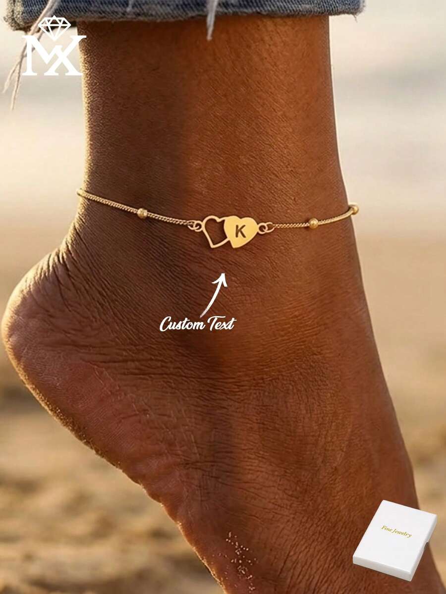 Stainless Steel Gold Plated Double Heart Letter Anklet - Personalized Letter Anklet, Delicate Chain, Customized Name Jewelry, Ocean Beach Anklet, Gift For Women - Gold - View 1