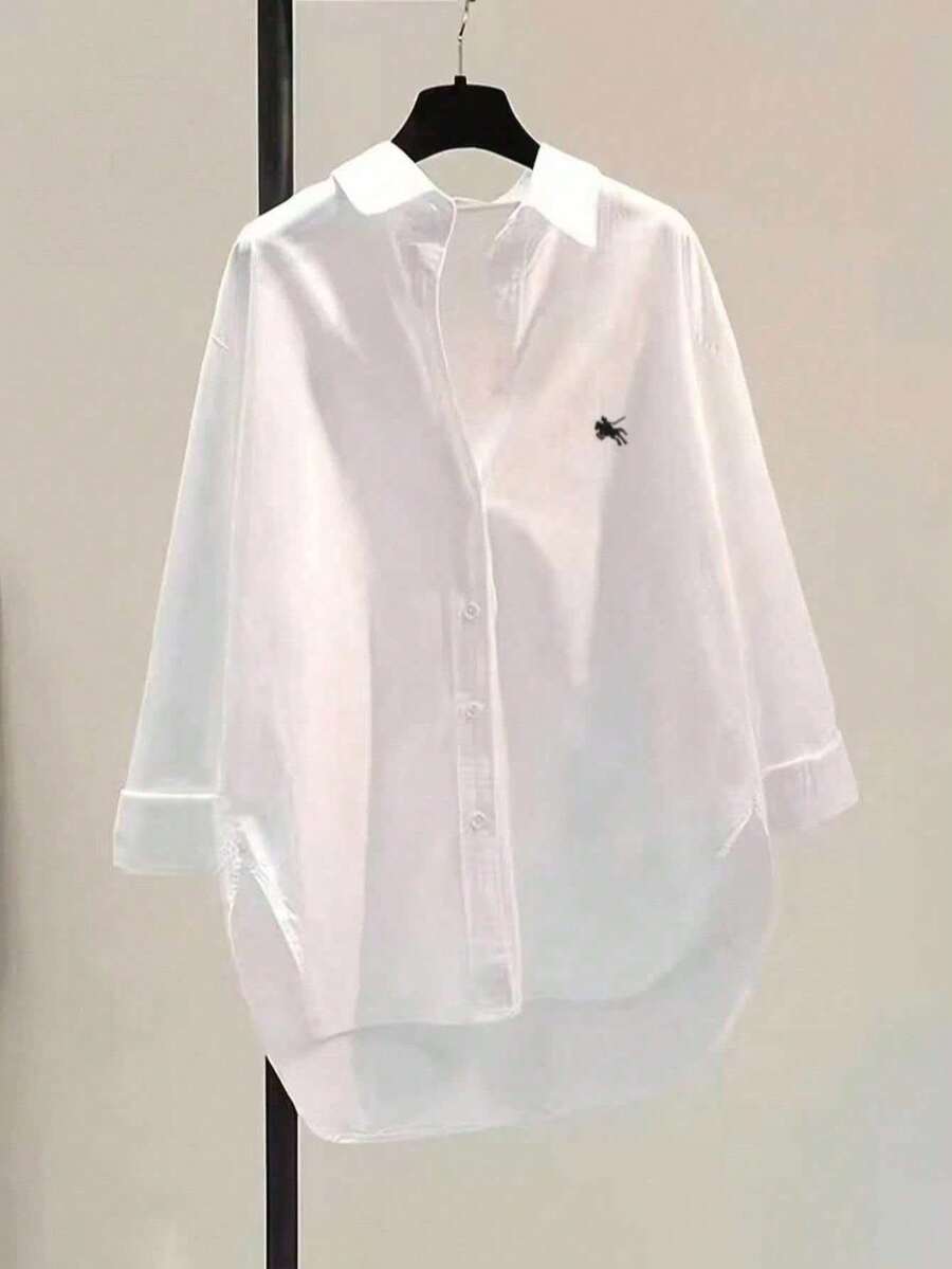 Plus Size White Woven Shirt With Embroidered Collar, Drop Shoulder Design And Asymmetric Hem - White - View 1