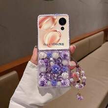 高品质玫瑰珍珠水钻折叠手机壳，带链条，适用于三星 Galaxy Z Flip3 5G/Galaxy Z Flip 4 5G/Galaxy Z Flip 5 5G/Galaxy Z Flip 6 5G/Galaxy Z Flip 7 5G，新款时尚优雅折叠手机壳 - 紫色 - 查看 2