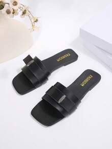 Black Premium Flat Square Toe Sandals For Women, Versatile Indoor/Outdoor Wear, Minimalist Square Toe Fashion Slippers - Black - View 3