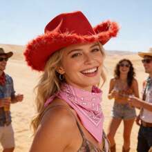Adjustable Chin Strap Cowboy Hats Cowgirl Hat With Scarf For Women Girls Cowboy Costume Theme Party - 紅色毛邊 - 查看 1
