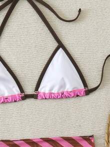 Conjunto de traje de baño de 3 piezas con estilo dulce de lunares rosa y marrón para mujer - Multicolor - Ver 6