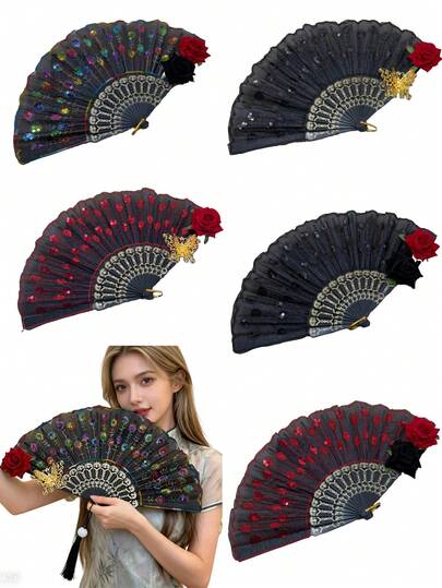 1把复古孔雀羽毛折扇，亮片刺绣，古典舞蹈表演装饰，东方风格