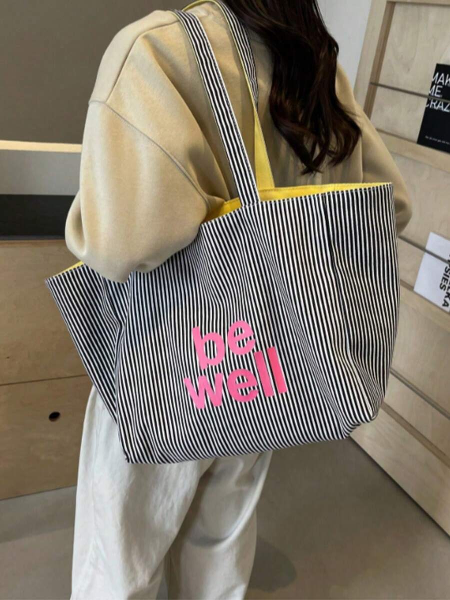 This Double-Sided Striped Canvas Tote Bag Is Lightweight And Easy To Carry, Making It An Ideal Choice For Business And Leisure. With A Simple And Fashionable Design, It Is Suitable For Shopping, Storing School Supplies, Books, Handbags, Backpacks, And Various Occasions. It Has A Large Capacity, Is Portable And Foldable - 黑色 - 查看 1