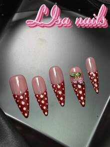 10pcs Long Stiletto Nails Acrylic Kit, Pink Nails, Red&White French Nails, Hand-Painted Red&White Polka Dots, 3D Cherry Nail Accessories, Sweet Girl Style, Y2K Style Nail Art Set,Suitable For Women And Girls,Festivals,Daily,Party,Gatherings And OtherPlaces Use(Includes: A Piece Of Jelly Glue And A Friction Strip) Nail Stuff - Pink - View 7