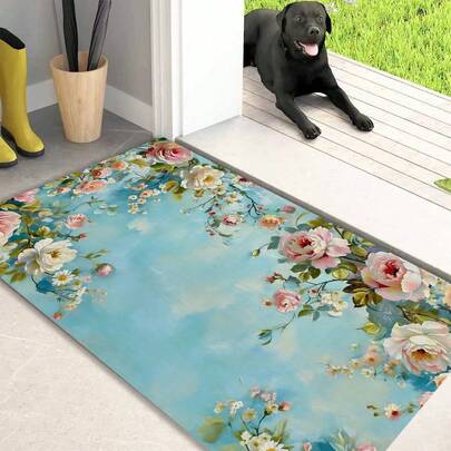 1pc Pink & White Rose Pattern Non-Slip Kitchen Mat, Holiday Party Decor Floor Mat/Carpet, Anti-Slip Anti-Oil Foot Pad, Quick Dry Rug, Suitable For Kitchen, Hallway, Bathroom, Laundry Room, Home Decor