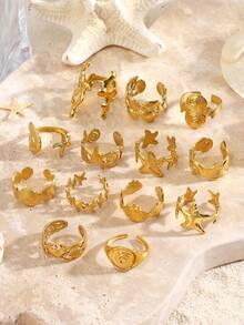 1/3/6/9/12 piezas Anillos abiertos con textura de estrella de mar y concha, estilo de vacaciones de playa de acero inoxidable, adecuados para el uso diario de vacaciones de playa de las mujeres (estilo aleatorio) - Dorado - Ver 2
