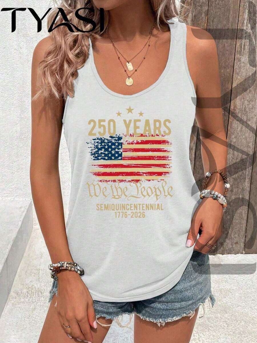 TYASI -250 Years American Flag We The People Tank Top 1776-2026 Patriotic Top-Women's Sleeveless Shirt, Minimalist And Fashionable, Women Vest,Suitable For Summer - 白色 - 查看 1
