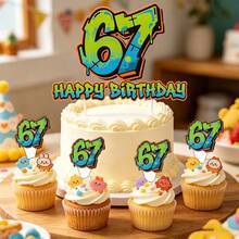 13pcs Birthday Party Cake Decorations, "67" Theme Cake Toppers, 67 Theme Birthday Party Decorations, Funny 67 Pattern Party Decor, Cupcake Decorations - View 5