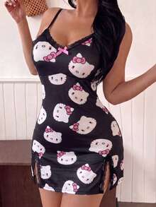 SANRIO 1件 KT 猫咪蝴蝶结蕾丝拼接侧开衩性感休闲可爱牛奶丝面料女士睡裙 - 黑色 - 查看 2