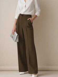 Pantalones holgados de cintura alta con pliegues, aptos para el trabajo y el uso casual, primavera/verano - Marrón - Ver 2
