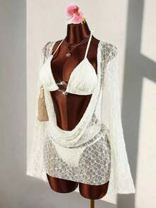 3 piezas Conjunto de Bikini de Mujer - Top, Bottom y Cubrimiento - Beis - Ver 12