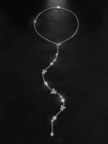 1 chiếc vòng cổ hở lưng thanh lịch dành cho nữ, đính đá hình bướm và ngọc trai giả, thích hợp cho trang phục hở lưng, dự tiệc, mặc hàng ngày, đi biển và đám cưới. - Bạc - Xem 4