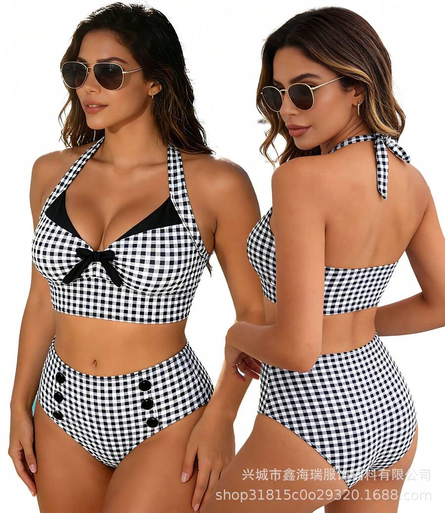 Women's Bikini Swimsuit With Geometric Pattern And Knotted Design For The Beach
