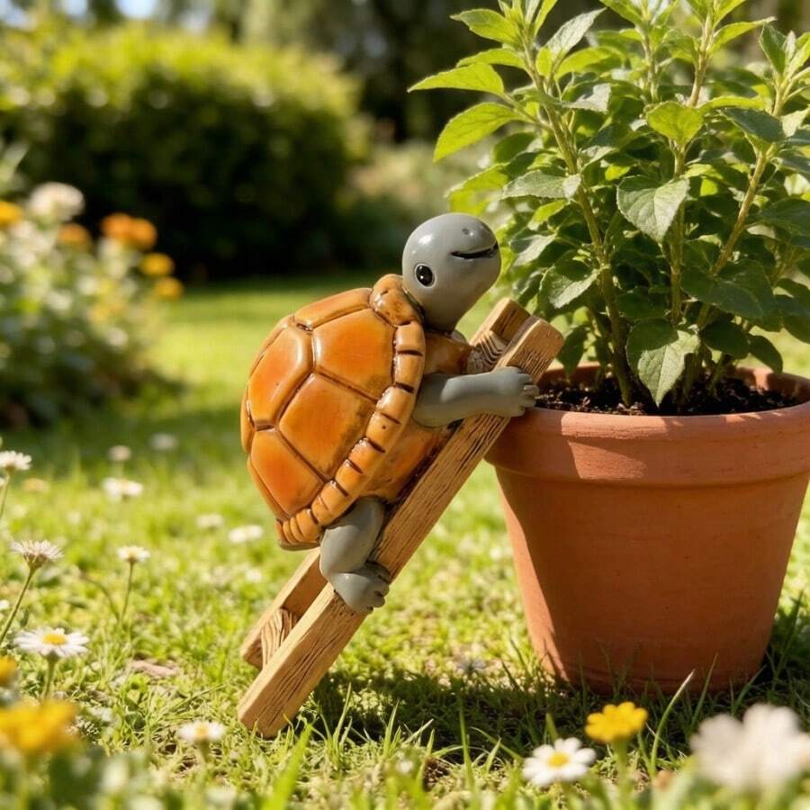 1pc Inspiring Turtle, Turtle Climbing Stairs, Interesting Garden Planter Statue, Thoughtful Gift, Hand-Painted Resin Craft - Ladder Turtle - View 1